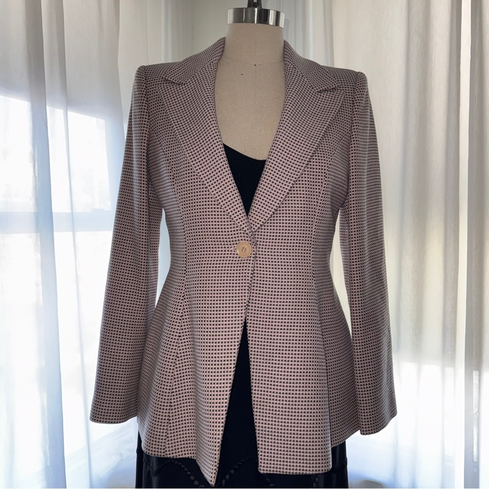 Giorgio Armani pink and brown textured check wool woven blazer with silk lining.